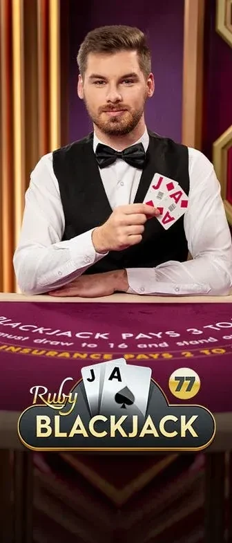 Ruby Blackjack dealer holding cards at casino posido