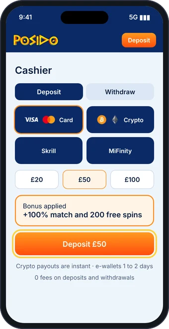 Cashier deposit screen at Posido casino online