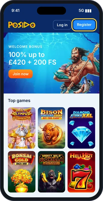 Phone home screen with Register button at casino posido