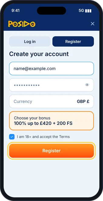 Sign-up form with bonus choice at online casino Posido